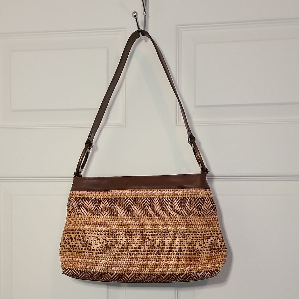 Fossil Woven Shoulder Bag Brown Snap Closure